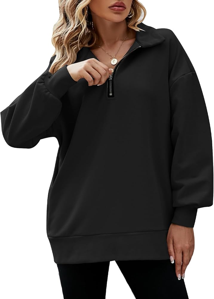 Flygo Womens Oversized Half Zip Pullover Long Sleeve Sweatshirt Quarter Zip Hoodie Trendy Fall Fashion Y2K Clothes Teen Girls (Black-XL)