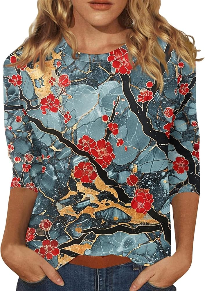 Womens Summer Tops 3/4 Sleeve Crewneck Shirts Trendy Clothing Casual Loose Blouses Tunics Floral Print Tees