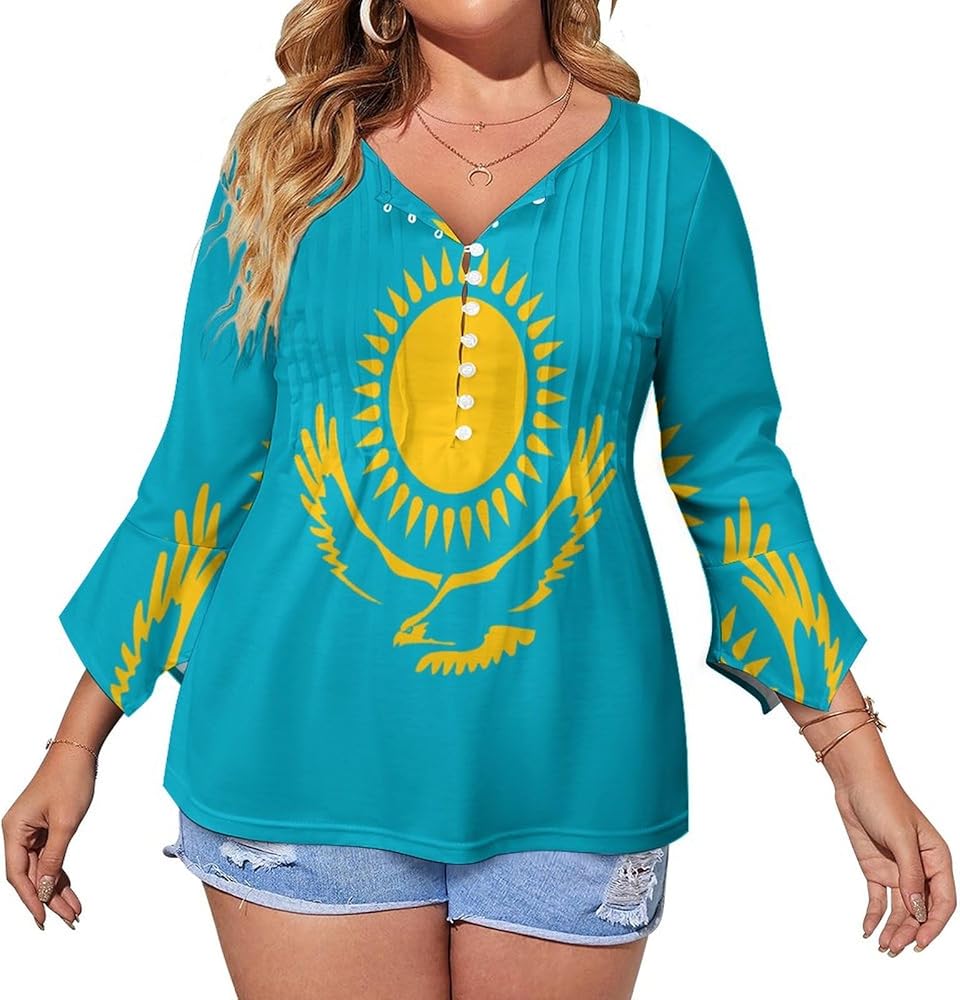 Kazakhstan Flag Cute Womens T-Shirts 3/4 Sleeve Button Down Tee Tops Blouse Summer Beach