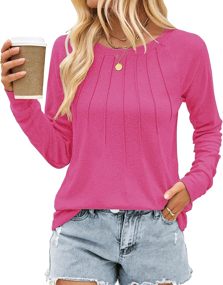 SimpleFun Womens Pleated Long Sleeve Tunic Tops Dressy Casual Long Blouses Basic Crewneck Fall Shirts