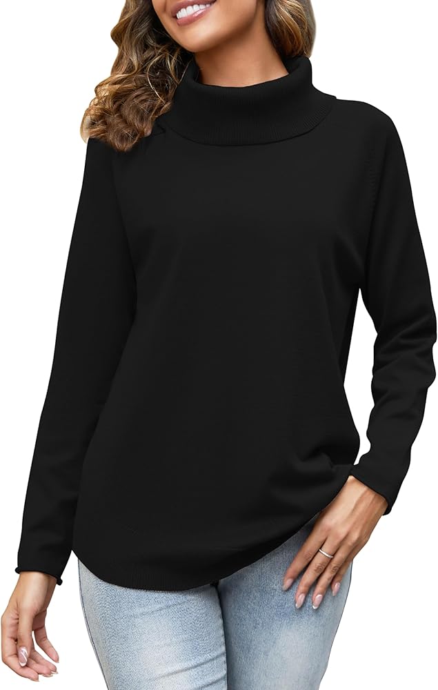 Women's Turtleneck Knit Pullover Long Sleeve Casual Oversized Curved Hemline Sweater Tops