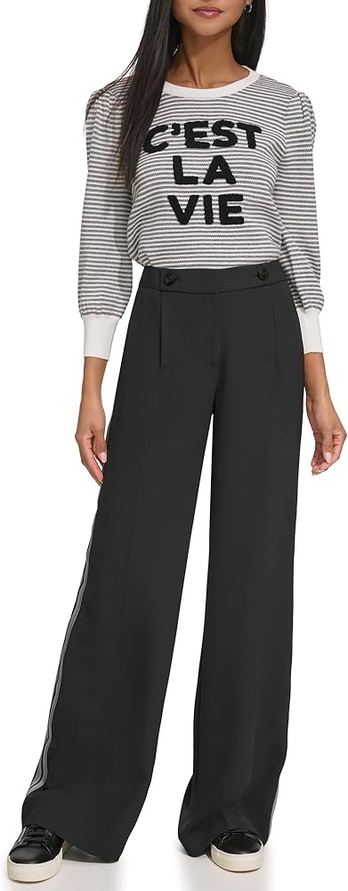 KARL LAGERFELD Women's Grogain Stripe Detail Wide Leg Pant