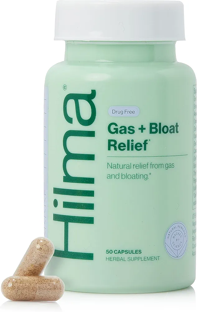 Hilma Natural Gas & Bloating Relief for Women – Doctor Formulated with Organic Ingredients – Lemon Balm, Fennel & Peppermint Leaf – 50 Vegan Capsules