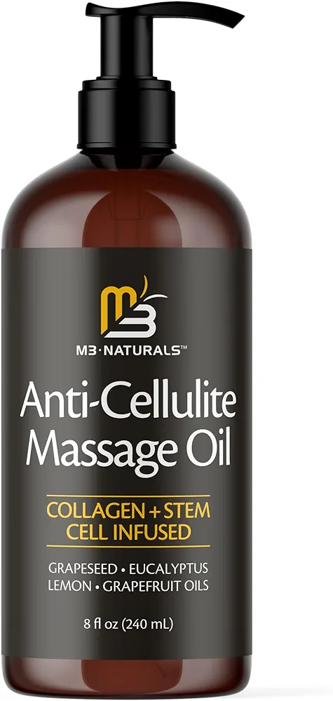 Anti Cellulite Massage Oil for Massage Therapy - Collagen and Stem Cell Skin Tightening Cellulite Cream for Women - 8 Fl Oz by M3 Naturals