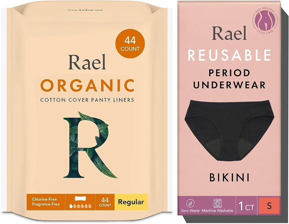 Rael Bundle - Organic Cotton Cover Panty Liners (Regular, 44 Count) & Period Cotton Underwear for Women (Bikini, Small)