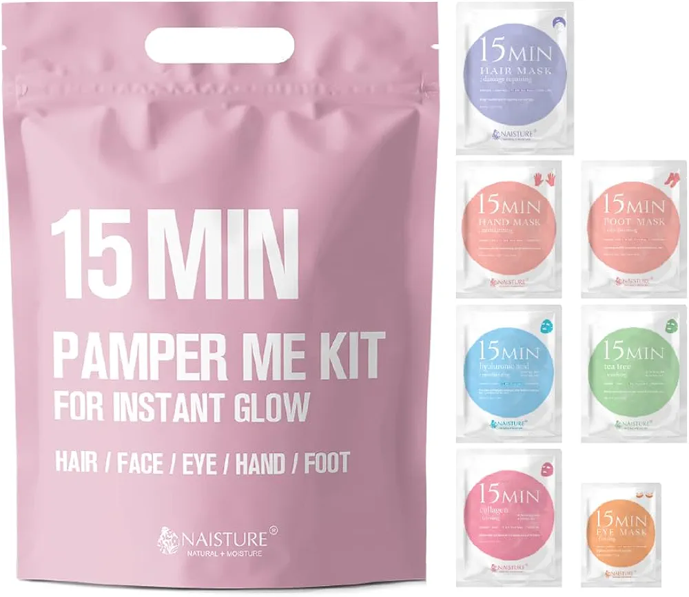 Spa Kit for Women-Korean Skincare Set Includes home spa essentials like a hair mask, hand and foot masks, eye mask, facial masks. Pamper yourself with 15 MIN PAMPER ME KIT by [NAISTURE]