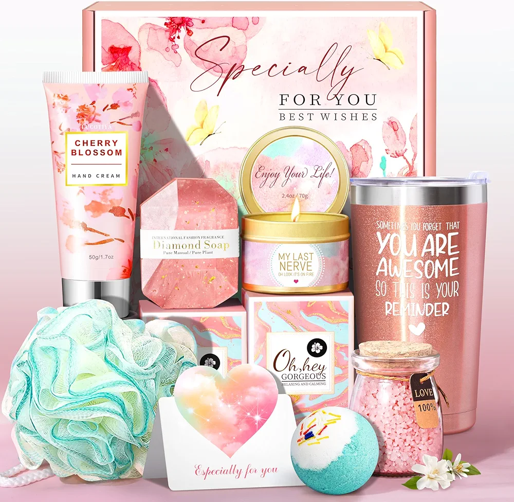 LUCOTIYA Birthday Gifts for Women - Gifts for Women Basket Set 20OZ Rose Gold Wine Tumbler, Candle, Diamomd Soap, Hand Cream, Bath Bomb, Loofah, Bath Salt, Greeting Card