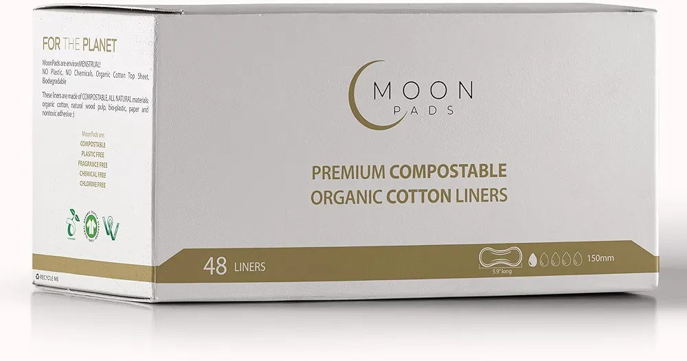 MoonPads Premium Panty Liners for Women, 100% Biodegradable, Organic Ultra-Thin Micro Liners, Eco-Friendly, Leak-Lock Protection, BPA-Free, Vegan, Cruelty-Free, Non-Toxic, 48 Count