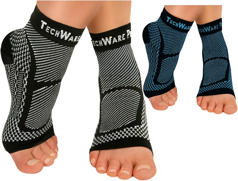 TechWare Pro Ankle Brace Compression Sleeve - Relieves Achilles Tendonitis, Joint Pain. Plantar Fasciitis Sock with Foot Arch Support. 2 Pair Bundle Black & Blue S/M Size