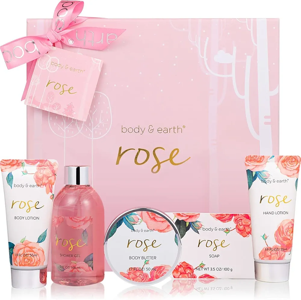 Bath and Body Gift Set for Women, Body & Earth 5 Pcs Rose Spa Set Gifts for Women, Self Care Kit, Lotion Sets for Women, Mothers Day Gifts