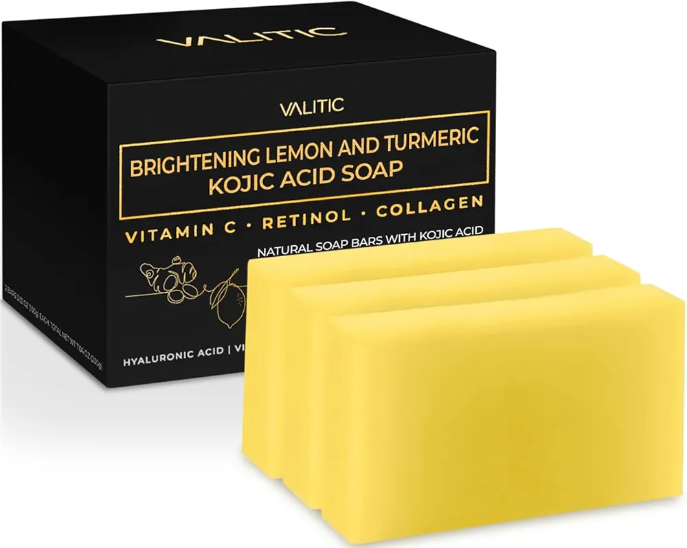 VALITIC Brightening Lemon & Turmeric Kojic Acid Soap with Vitamin C, Retinol, Collagen - Original Japanese Complex Infused with Hyaluronic Acid, Vitamin E, Shea Butter, Castile Olive Oil (3 Pack)