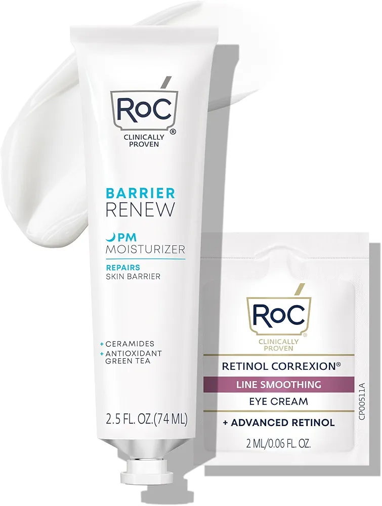 RoC Barrier Renew Night Moisturizer with Ceramides & Antioxidant Green Tea and Lipo Peptides to Renew Skin Barrier, (2.5 oz) with Retinol Eye Cream Packette