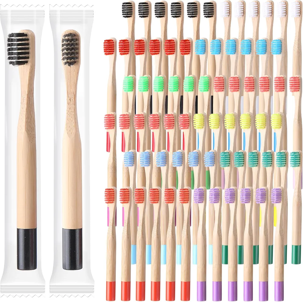 72 Pcs Kids Bamboo Toothbrushes Soft Bristle Toddler Toothbrush BPA Free Wooden Travel Toothbrushes for Kids Children Home Travel School, 5.7 Inches, Individually Wrapped