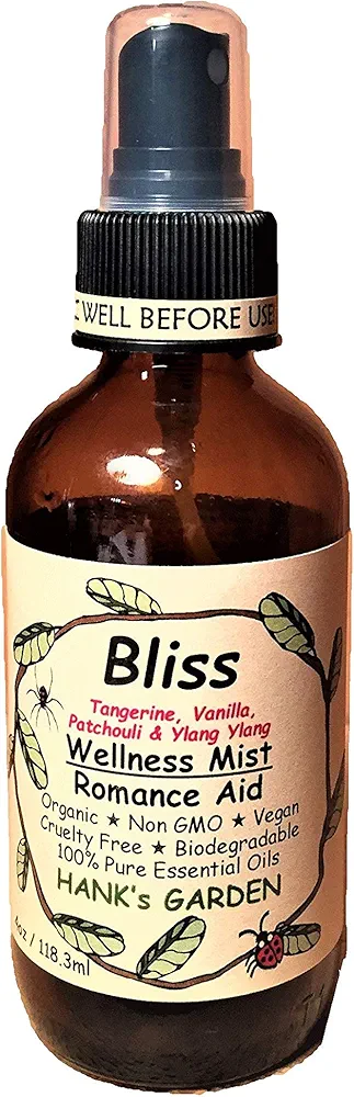 Hank's Garden BLISS Romance Wellness Body Room Spray Mist - Tangerine, Vanilla, Ylang Ylang & Patchouli - 100% Pure Essential Oils, Vegan, Organic, Biodegradable, Non GMO, Cruelty Free (4 oz)