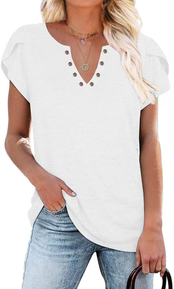 Womens Basic Casual T-Shirts Ring Hole V Neck Petal Short Sleeve Tops Loose Comfy Tunic Tops