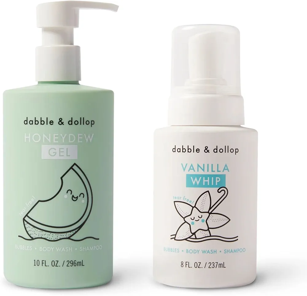 Dabble & Dollop Honeydew Melon + Vanilla Body Wash & Shampoo - 3 in 1 Natural Bubble Bath for Kids, USA-Made, Paraben & Sulfate Free, Vegan, Gluten-Free, Tear-Free (Pack of 2)