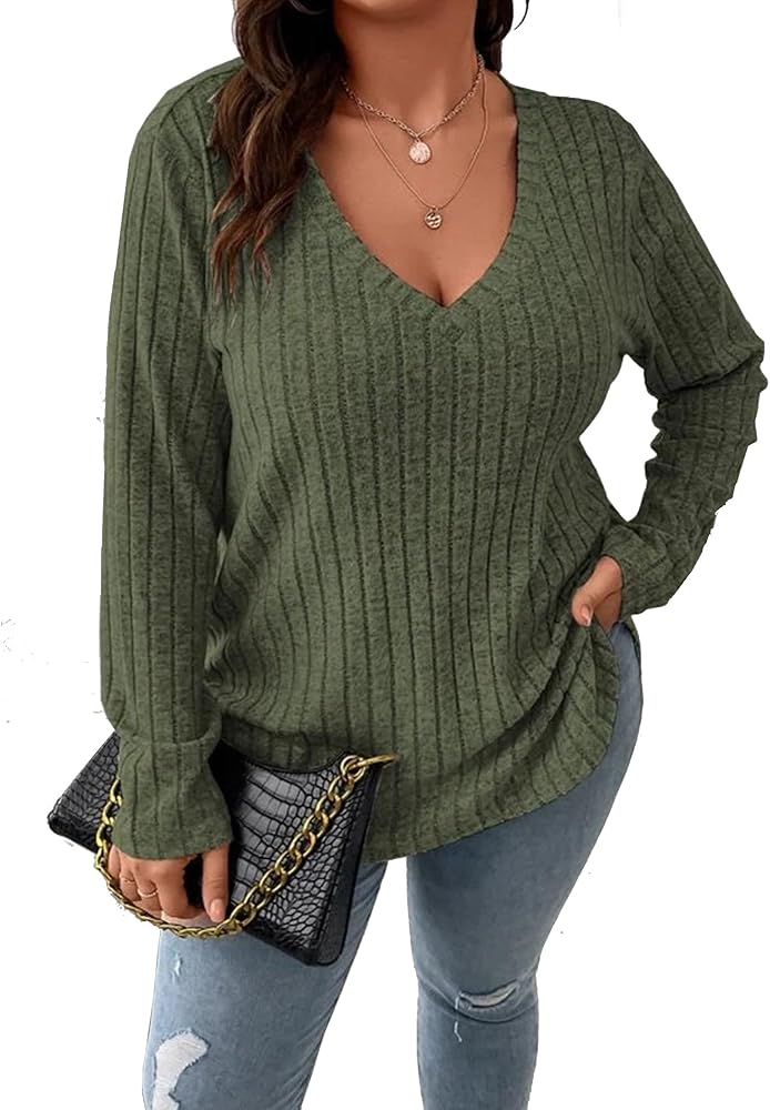 Women Plus Size Casual Knit V Neck Lightweight Long Sleeve Sweaters XL-5XL