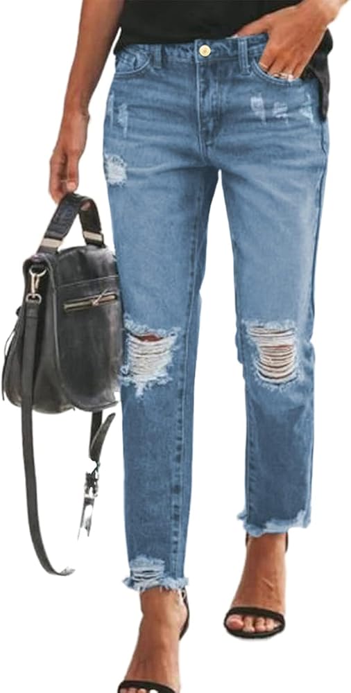 Sidefeel Women's Boyfriend Jeans Stretchy Ripped Distressed Denim Pants Size 4-18