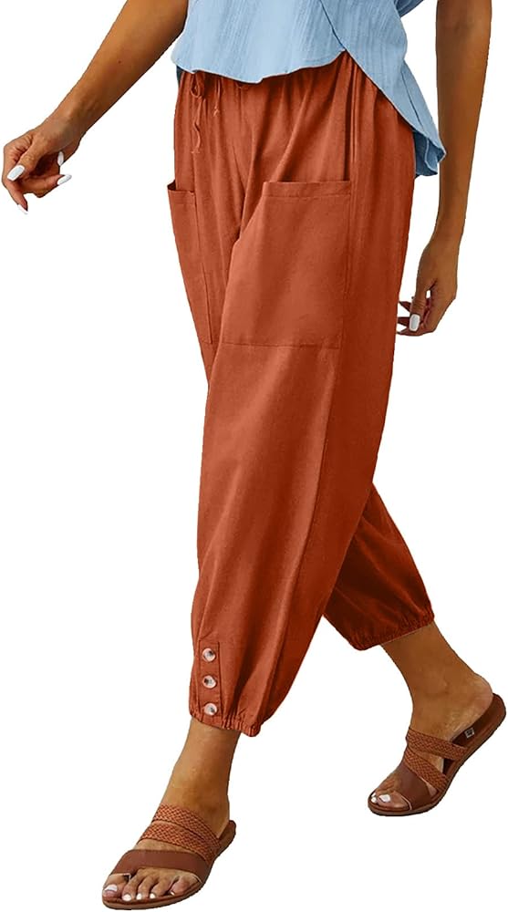 Women's High Waist Pants Drawstring Capri Pants with Pockets Wide Leg Cropped Pants for Women