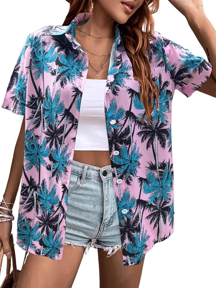 Hawaiian Shirts Women Hawaii Tshirt Cool Floral Tropic Print Graphic Tees Tops Button Up Summer Vacation Shirt