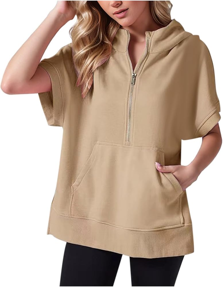 Womens Oversized Half Zip Hoodies Short Sleeve Casual Sweatshirts Pullover Tops with Pockets Loose 2024 Clothes