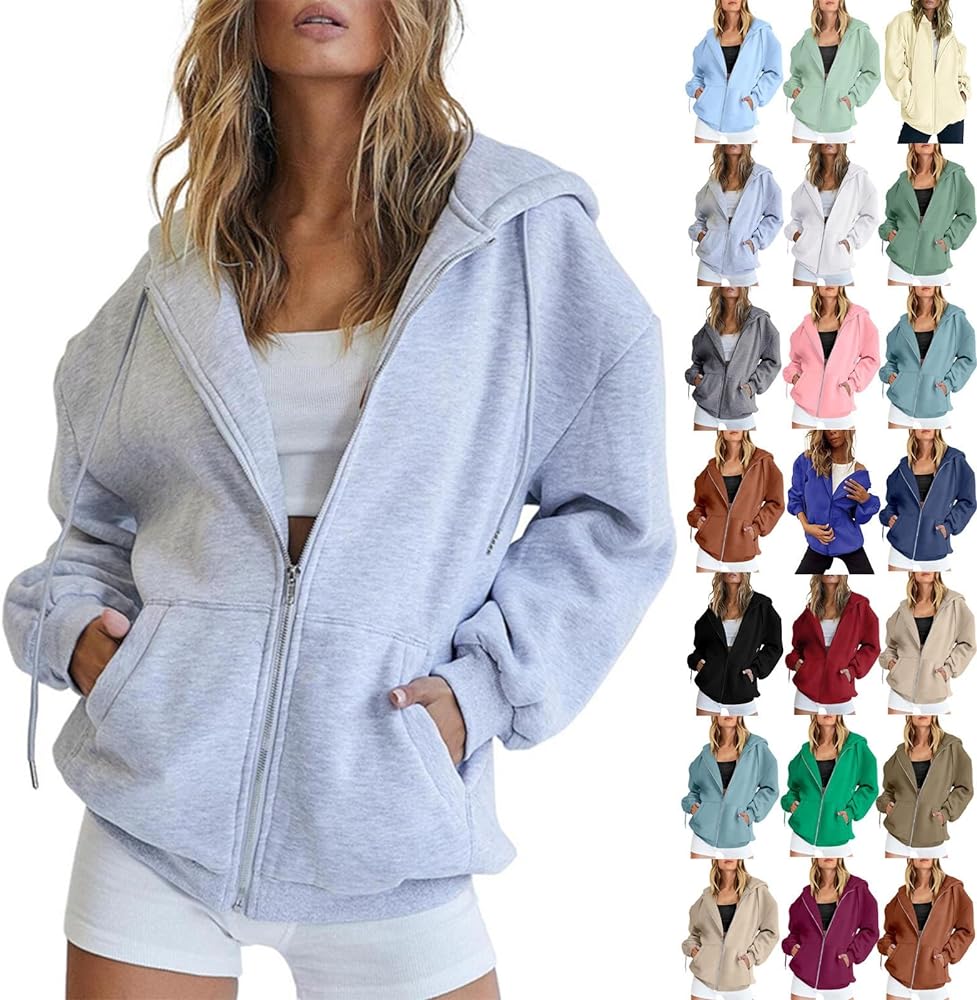 SpuunaW Womens Zip Up Hoodies Long Sleeve Sweatshirts Oversized Sweaters Casual Fashion Jackets Y2k Fall Clothes 2024