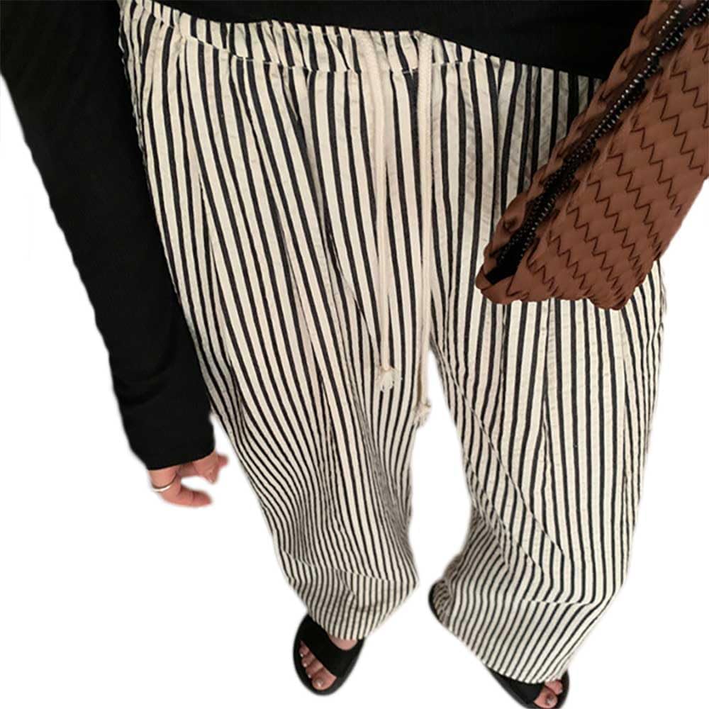 Women's Striped Wide Leg Lounge Pants Pinstripe Drawstring Lightweights Beach Trousers