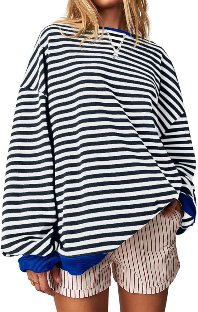 Women Sweatshirts Striped Hoodies Crewneck Long Sleeve Fall Pullover Tops Trendy Oversized Loose Fit Sweater Y2K Shirts