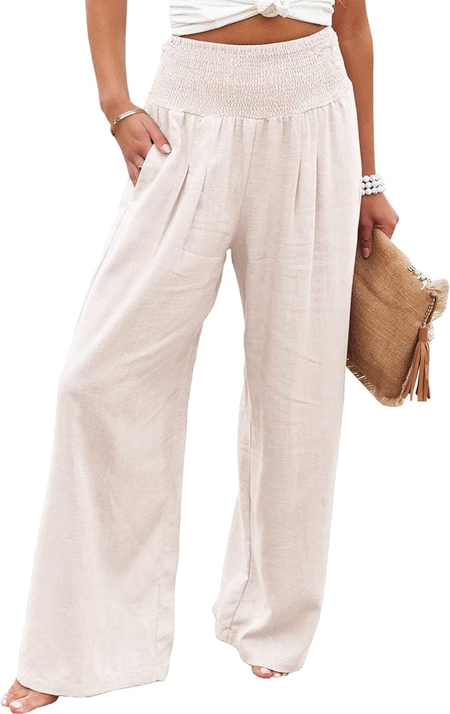 Women Linen Pants Elastic High Waist Wide Leg Palazzo Lounge Pants Casual Loose Beach Pants with Pockets