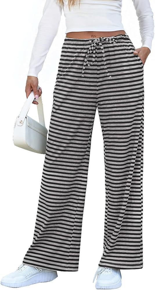 EVALESS Wide Leg Pants for Women Drawstring Elastic Waist Stripe Ribbed Sweatpants with Pockets