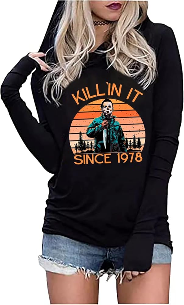 QIANRUO Halloween Horror Graphic Hoodie T-Shirt Women Scary Movie Killer Shirt Casual Long Sleeve Hoodie Pullover Tops