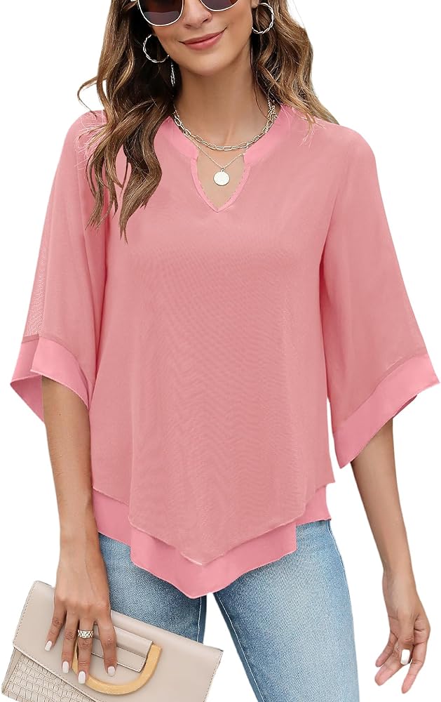 Micoson Womens 3/4 Sleeve Chiffon Blouses V Neck Double Layers Mesh Shirts Dressy Flowy Tunic Tops (M-5XL)