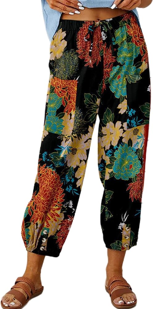 Women's Summer Linen Pants High Waisted Drawstring Printed Bohemian Capris Trousers