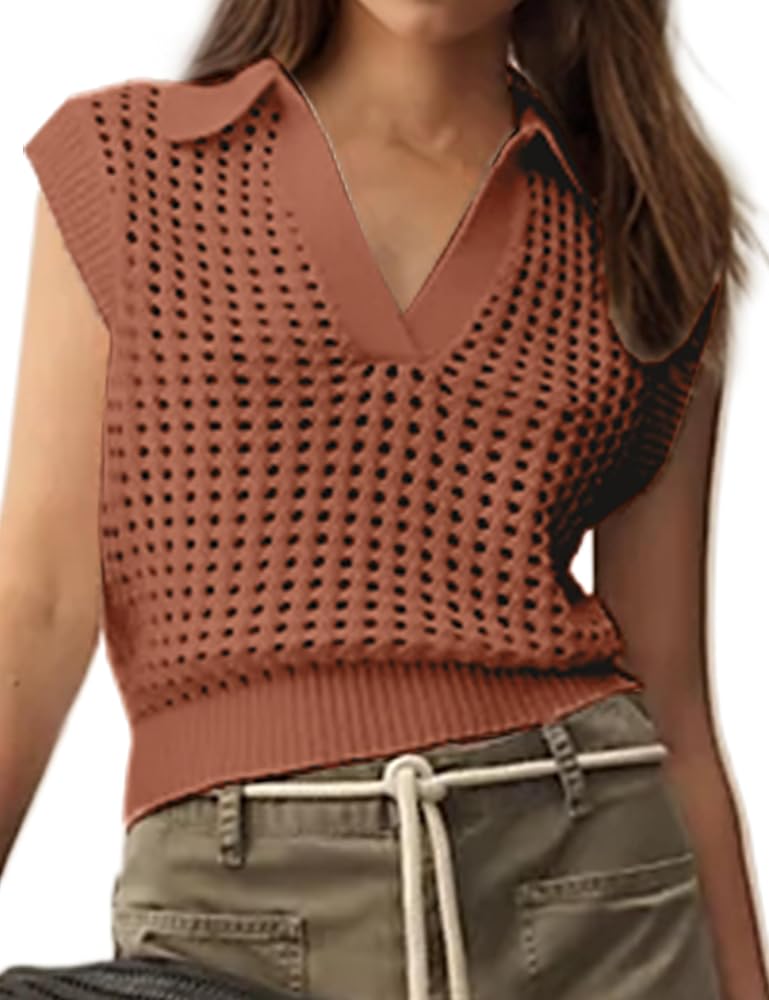 Livtany Women's Cap Sleeve Hollow Out Sweater Vest Lapel Collar V Neck Crochet Knit Tops Loose Fit See Through Sexy Sweater