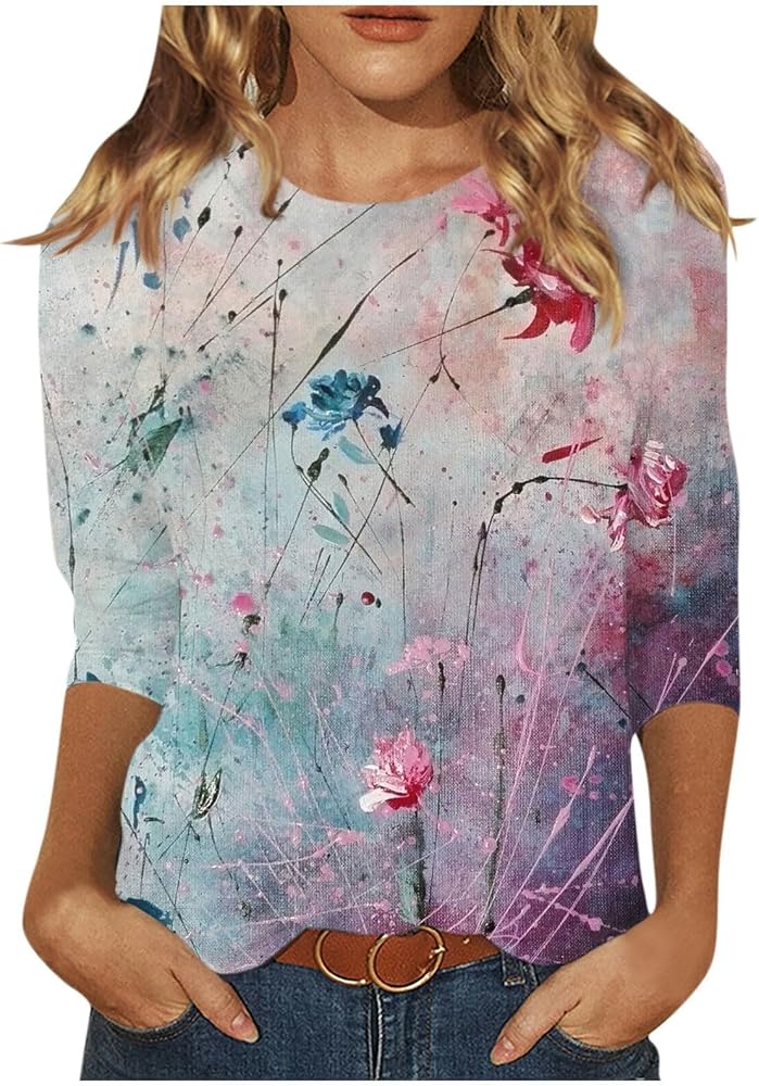 Womens Long Sleeve Floral Print Tunic Fall Plus Size Holiday Blouses Graphic Loose Hippie Tee