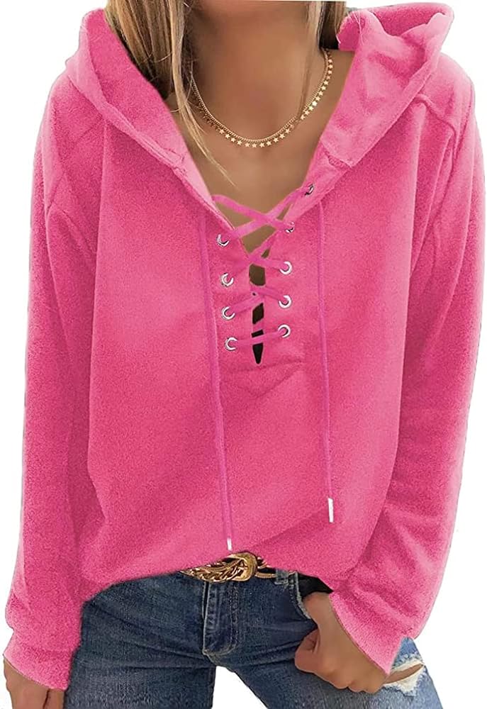 MINIDORA Women's Long Sleeve Criss Cross V Neck Hoodies Casual Pullover Sweatshirt Tops