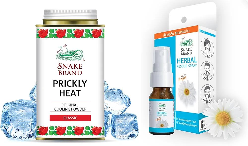 SNAKE BRAND Prickly Heat Cooling Powder Classic (4.9 Oz / 140g) and Herbal Throat Spray (15ml) Bundle - Beat The Heat Outside and Inside - Ultimate Relief Package