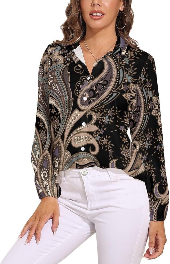 Beautiful Traditional Paisley Women's Long-Sleeve Shirt Button Down Tees Blouse Vintage Casual Tops