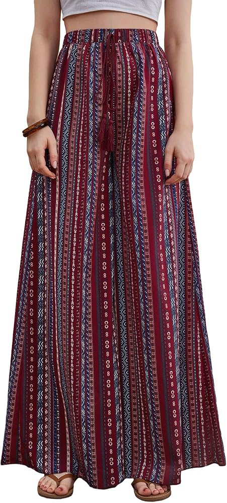 Verdusa Women's Drawstring High Waisted Palazzo Pants Boho Printed Wide Leg Long Trousers