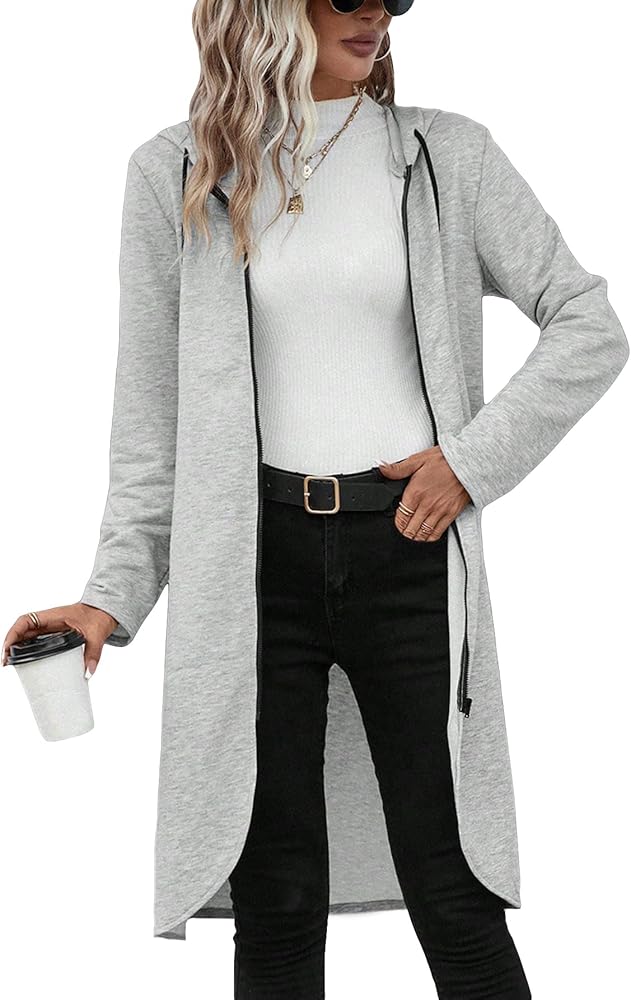 MakeMeChic Women's Zip Up Long Sleeve Asymmetrical Hem Hoodies Casual Drawstring Hooded Sweatshirts Coat