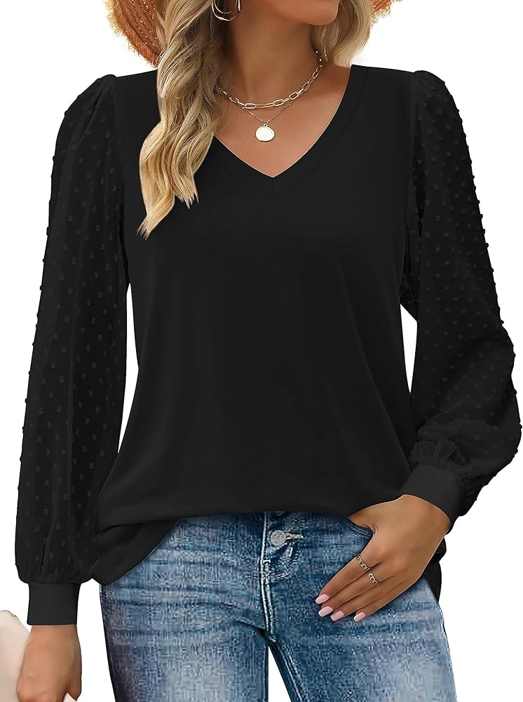 Zeagoo Women's Blouses Dressy Casual V Neck Top Swiss Dot Balloon Long Sleeve Shirts