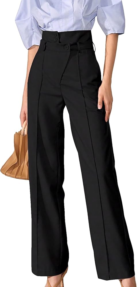 WDIRARA Women's High Waist Suit Pants Seam Front Zipper Fly Straight Leg Long Pants Trousers