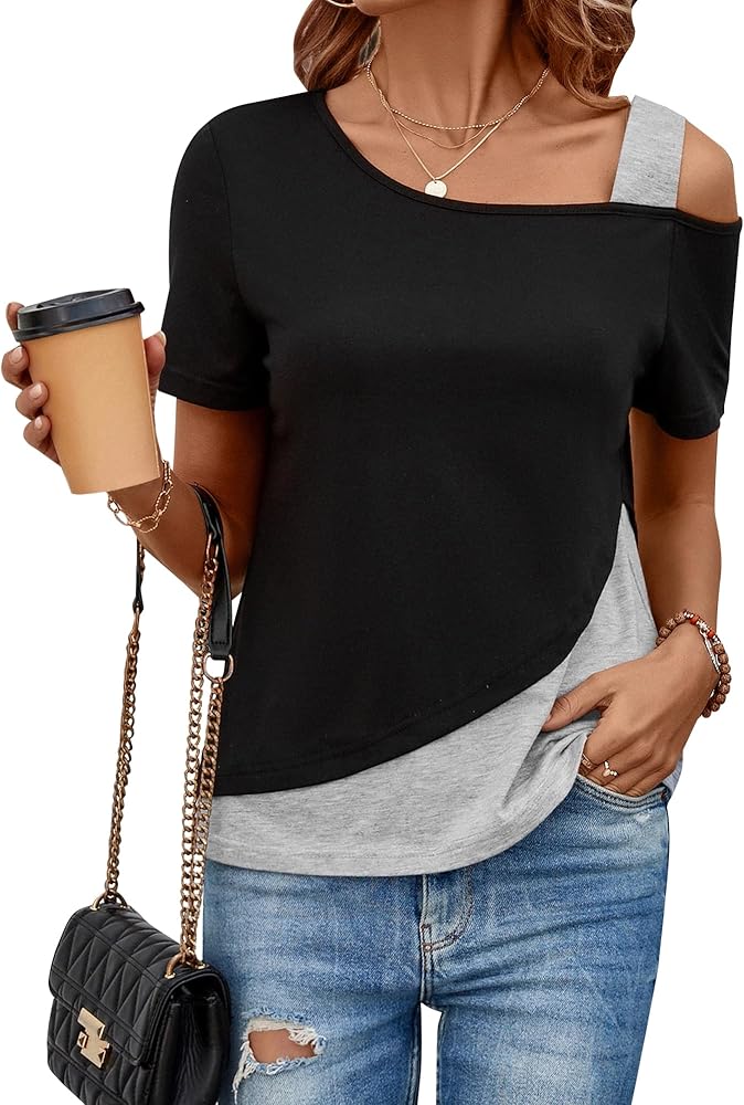 Womens Tops Asymmetrical Cold Shoulder Short Sleeve Blouses Summer Casual Loose Fit Tunics T Shirts for Women 2024