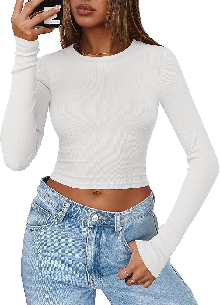 ANRABESS Womens Crewneck Long Sleeve Crop Tops Ribbed Knit Slim Fit Tee 2024 Basic Going Out Shirts Workout Outfits