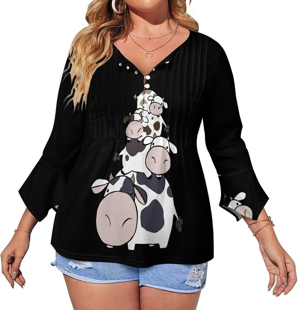 Cow Stack Cute Womens T-Shirts 3/4 Sleeve Button Down Tee Tops Blouse Summer Beach