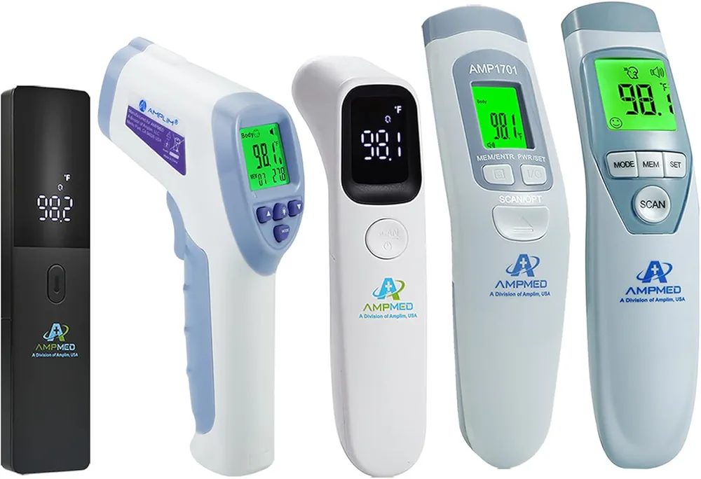 Amplim 5-Pack Hospital & Medical Grade Non Contact Digital Infrared Forehead Thermometer for Babies, Kids, and Adults.