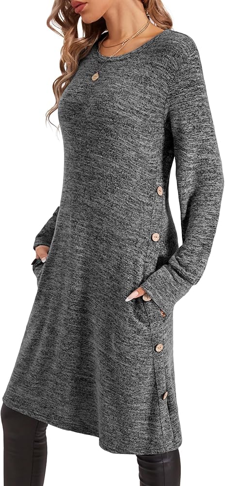 Long Sleeve Dress for Women Basic Crew Neck Tunic Dresses with Pockets Button Side Casual Dress S-2XL