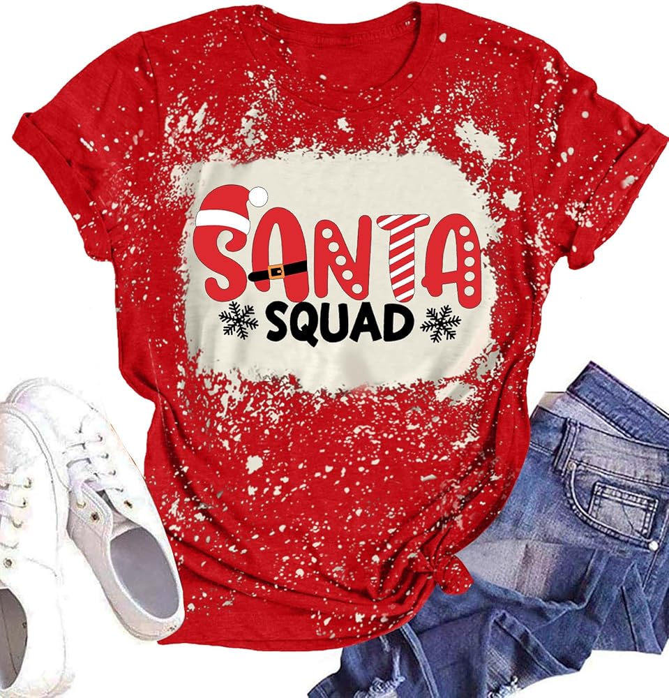 Santa Squad Christmas Shirts for Women Xmas Holiday Printed T-Shirts Family Matching Christmas Short Sleeve Blouse Tops