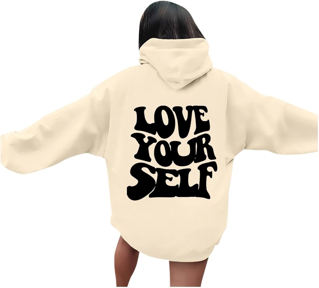 Women's Love Yourself Letter Graphic Print Casual Long Sleeve Drawstring Y2k Hoodie Fall Winter Sweatshirt with Pocket