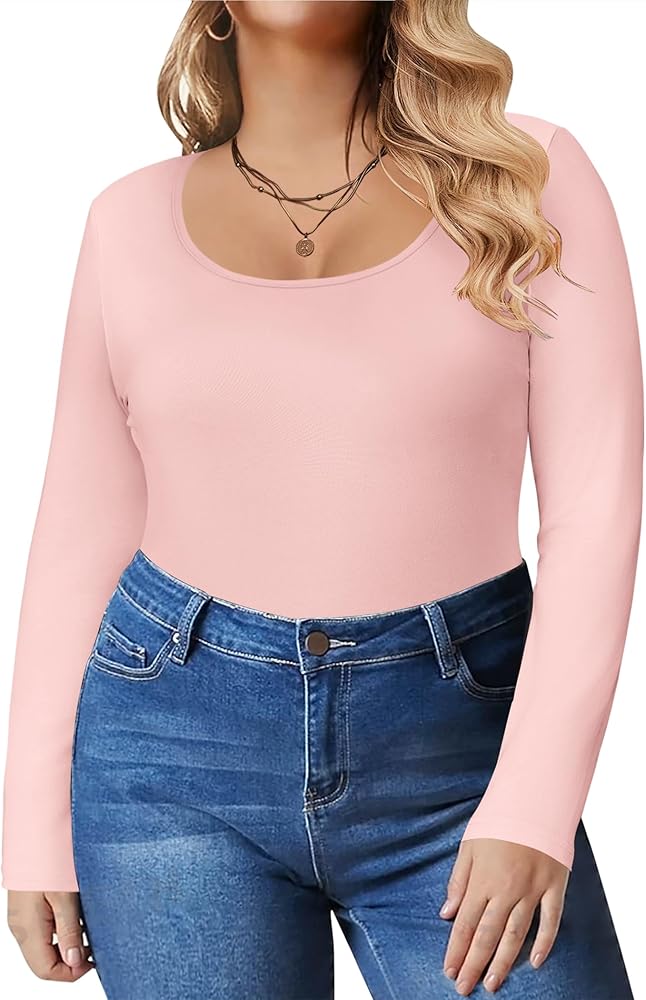 IN'VOLAND Women's Plus Size Long Sleeve Shirts Scoop Neck Slim Fitted T Shirt Stretchy Bodycon Basic Tee Tops